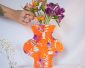 Modern textile vase in the "orange wild flowers" print, contemporary home decor, alternative fabric vase