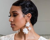 Large Silver Teardrop Hoop Earrings, Statement Bridal Jewelry, Oversized Silk Floral Wedding Earrings, Modern Boho Accessories, ARIELLE