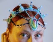 Quartz Crystal Headband Crown Made Of Manmade Opal Stones, Forehead Costume Jewelry Spike Beaded Headpiece