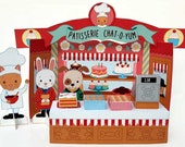 Paper toy bakery play set - French bakery paper craft kit with little cat, rabbit and dog figures - download, print, assemble and play