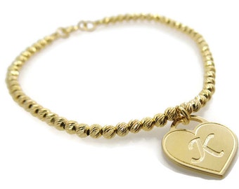 Initial bracelet. Heart gold bracelet. Gold bracelet. Beaded letter bracelet. Personalized bracelet. Gold plated brass bracelet.  Gift ideas