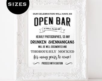 Open Bar Wedding Sign - Funny Wedding Sign - Reception Bar Sign - Printable Sign - Shenanigan Sign - Downloadable wedding #WDH8121098