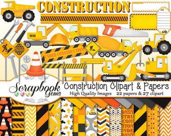 CONSTRUCTION Clipart and Papers Kit, 27 png Clip arts, 22 jpeg Papers Instant Download tractor crane cone bulldozer tools hammer screwdriver