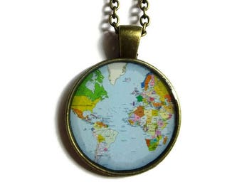 WORLD MAP NECKLACE - vintage globe pendant - world map pendant - teacher gift - world travel adventurer - world map globe jewelry