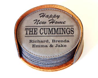 Home Warming Gift for New First House - Personalized Family Coasters with Holder, CAS014
