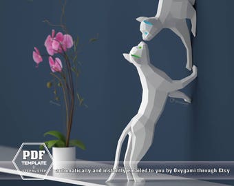 Papercraft cats PDF templates (couple), DIY Low Poly Papercraft: Make real 3D paper cats out of  these 2 digital files. Gift for cat lovers!