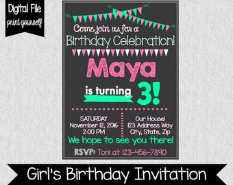 Girls Birthday Invitation - Pink and Green Birthday Invites - Digital - 3rd Birthday Invitation - Any Age - 2nd Birthday Invite - Birthday