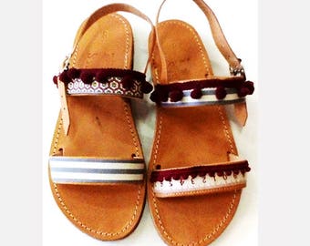 Leather sandals handmade – Slip on shoes decorated with pom poms, fabric strips and ruler make cute girlfriend gift idea made in Greece