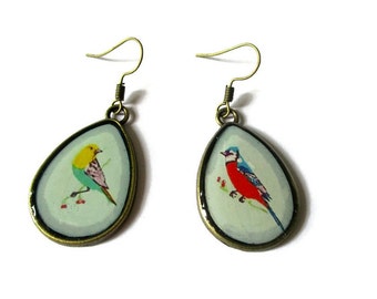 BIRDS EARRINGS, Teardrop Earrings, bird Pattern, BOHO Style, bird lover gift, Nature, animal Jewelry, clip