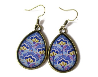Blue and Yellow Flower TEARDROP EARRINGS - drop earrings - blue earrings - BOHO Earrings - vintage earrings - Ethnic Earrings - retro - clip