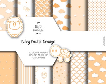 New Baby Digital Paper +2 Clipart: "Baby Pastel Orange" backgrounds with sheep, turtles, dots, striped, clouds, hearts, scallop, Baby Shower