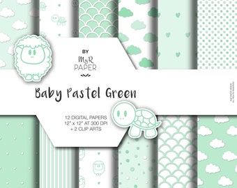 New Baby Digital Paper +2 Clipart: "Baby Pastel Green" backgrounds with sheep, turtles, dots, striped, clouds, hearts, scallop, Baby Shower