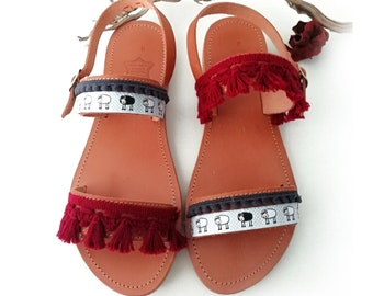 Women sandals strapes flats–Slip on shoes with strap for her under 30. Barefoot sandals handmade in Greece.