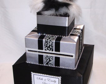 Silver and Black Wedding Card Box-rhinestones- feather topper