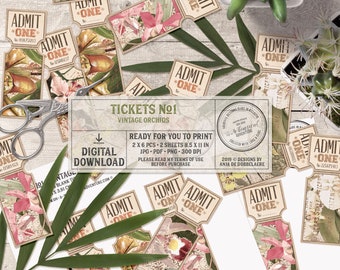 Tropical Party Idea, Wedding Invitation, Rose Gold and Green, Printable Party Ticket Instant Download, Digital Collage Sheet, Vintage Orchid