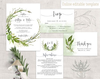 Green foliage Wedding Invitation, woodland wedding, greenery wedding, outdoor wedding invitation, online editable wedding card