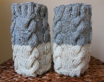 Hand Knitted Boot Cuffs Leg Warmers 2in1 Cream and Grey Tweed