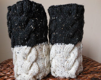 Hand Knitted Boot Cuffs Leg Warmers 2in1 Cream and Black Tweed