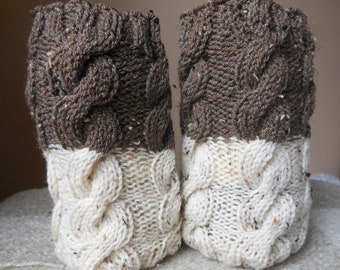 Hand Knitted Boot Cuffs Leg Warmers 2in1 Cream and Brown Tweed