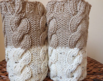 Hand Knitted Boot Cuffs Leg Warmers 2in1 Cream Tweed and Beige Cafe Latte