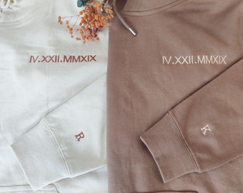 Embroidered Anniversary Date Hoodie, Roman Numerals Couples Sweatshirt, Gifts for Her, Gifts for Him, Valentines Gift, Beige Khaki Hoodie