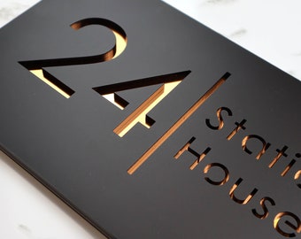 K Smart Sign | Bellissima H2 | Laser Cut Matt Black Plaques & Copper Mirror Floating House Sign Door Numbers Plaque | 300mm x 160mm…