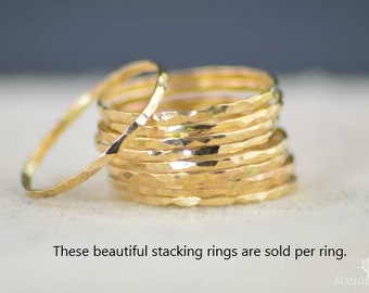 Thin 14k Gold Filled Stacking Ring, Beautful Hammered Yellow gold Stacking Ring, Dainty and Beatifully Faceted.