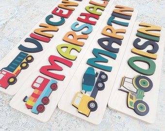 Personalized Name Puzzle with Truck, Wooden Custom Name Puzzle, Boy Nursery Decor, Gift For Toddlers, Christmas Gift,  Baby Shower Gift