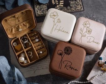 Engraved Jewelry Box,Leather Jewelry Travel Case,Bridesmaid Proposal Gift,Bridal Party Gift,Birth Flower Jewelry Case,Gifts for Her Birthday