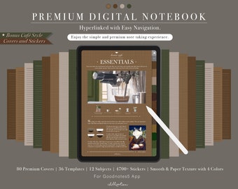 GoodNotes Digital Notebook Cafe | 4700+ Stickers | Hyperlinked Journal | 12 Custom Sections | 80 Covers | 36 Notes Styles  | 4 Paper Styles