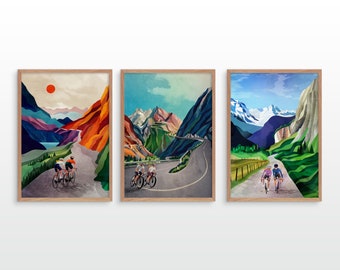 Cycling art print. Couple cycling. Set of three cycling art prints.
