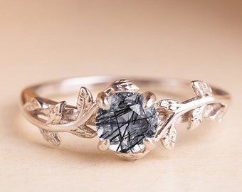 Twig Leaf wedding ring woman, Branch promise ring, Black Rutilated Quartz engagement ring,  Dainty Twig engagement ring, Black gemstone ring