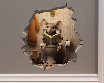 Mouse Sitting on Toilet in Mouse Hole Decal - Mouse Hole 3D Wall Sticker