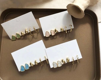Pearl Earring Set - Chrome and Gold Earring Set, Green Gold Earring Set, Blue Gold Earring Set, Pink Gold Earring Set, White Earring Set