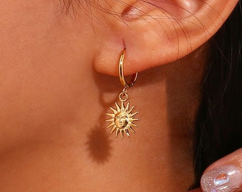 Gold Sun Pendant Hoop Earrings, 18K Gold Plated, Boho Dangle Earrings