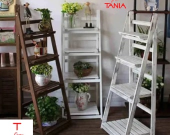 4-Tier Wooden Ladder Shelf - Foldable Bookcase Storage Rack - Foldable wooden ladder-Plant shelf-Christmas gift-Birthday gift
