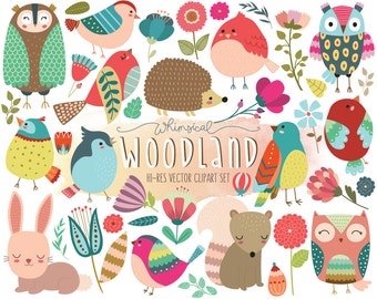 Woodland Clipart - Cute Forest Animal Clip Art - Set of 40 Vector, PNG, & JPG Designs - Summer Clip Art, Floral Clipart