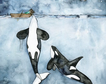 Orca Painting, Watercolor Painting, Whale Painting, Orca and Girl, Killer Whale, Whale Nursery, Whale Print, Boy and Girl Versions Available